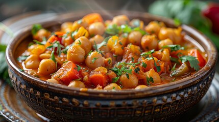 A plantbased dish with chickpeas and vegetables in a flavorful sauce on a plate