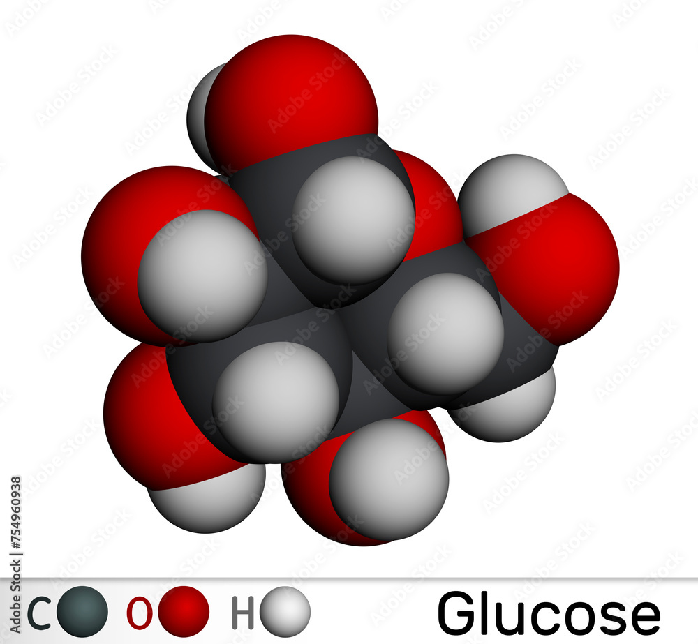 Poster Glucose, dextrose, D-glucose molecule. Molecular model. 3D rendering