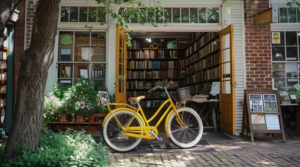 Deurstickers A sunny yellow retro bike parked in front of a quaint bookstore, inspiring literary adventures and exploration. © zooriii arts