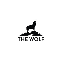 Standing Black Wolf Fox Dog Coyote Jackal on the Rock Silhouette  Logo Design