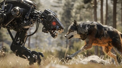 Robotic Canine and Wolf in a Wild Encounter, a Metaphor for Nature and Machine Coexistence