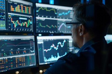 Trader Monitoring Market Trends. Male trader with glasses observes real-time stock market trends across multiple display monitors.