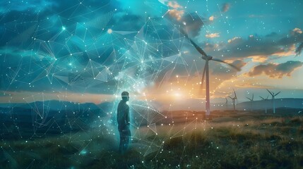 Human Figure and Wind Turbines in a Networked Field, Symbolic of Sustainable Energy and Connectivity - obrazy, fototapety, plakaty