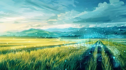 Schilderijen op glas Digital overlay on rural landscape, symbolizing the fusion of nature and technology. © R Studio