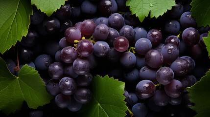 Fototapeta premium Bunches of ripe fresh grape on the grapevine, soft focus background