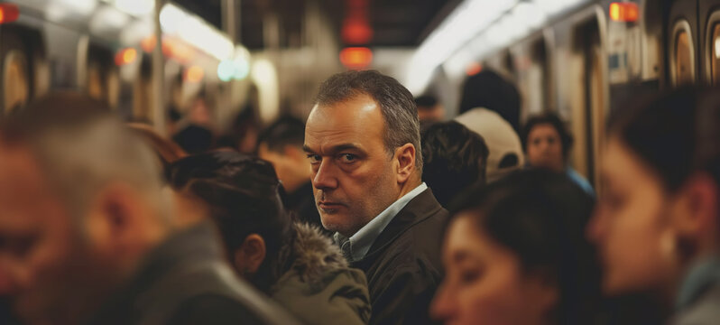 Commuter's Gaze - One Man's Focus Amidst the Crowd in a Busy Subway Car