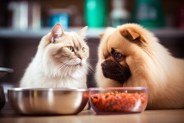 Two adorable, fluffy pets, a cat and a dog, lie side-by-side on the floor, eating kibble from their bowls. Friendship between 2 furry companions as they enjoy their meal together. AI-generated