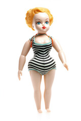 An old, vintage doll wearing a striped swimsuit, isolated on white. A chubby white woman toy with short blonde hair, in a romper. AI-generated