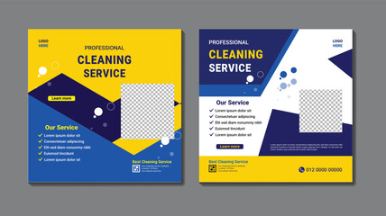 Corporate office and house cleaning service business promotion social media post or web banner template design. Housekeeping, wash, clean or repair service marketing flyer with abstract background. - obrazy, fototapety, plakaty