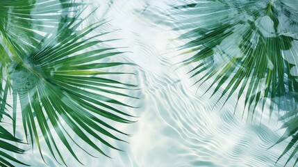 Fototapeta na wymiar Tropical palm leaves in the water on a white background with a place to copy text. The concept of recreation, tourism and sea travel.