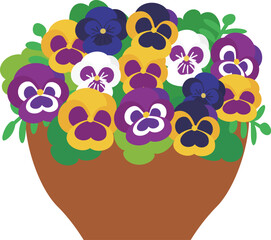 茶色い器に入ったカラフルなパンジー