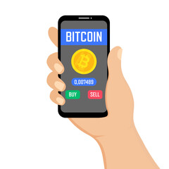 Hand holding smartphone with crypto app. Bitcoin symbol on a screen. Buy and sell Bitcoin buttons. Vector illustration.