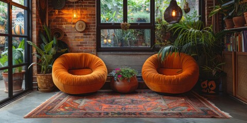 Obraz premium Boho Scandinavian style in farmhouse interior. Bedroom with natural wooden furniture.