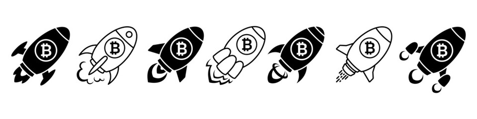Bitoin Rocket - vector icons collection. Bitcoin price growth concept.
