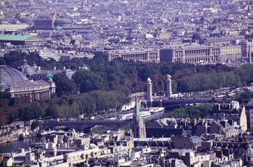 Aerial View of Paris cityscape with Alexandre III Bridge and River Seine during 1990s