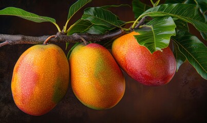 Beautiful fresh ripe Mangoes on a branch, closeup 
