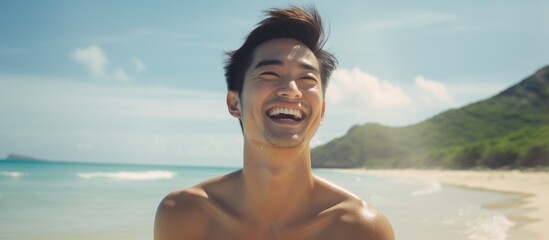 A man with no shirt is laughing by the water on the beach, with a big smile on his face. The sky is clear with puffy clouds, as he gestures in joy, enjoying his leisure travel and having fun - obrazy, fototapety, plakaty