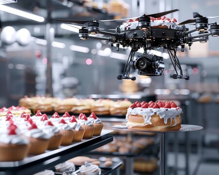 An automated bakery where drones delicately scakes with precision and creativity