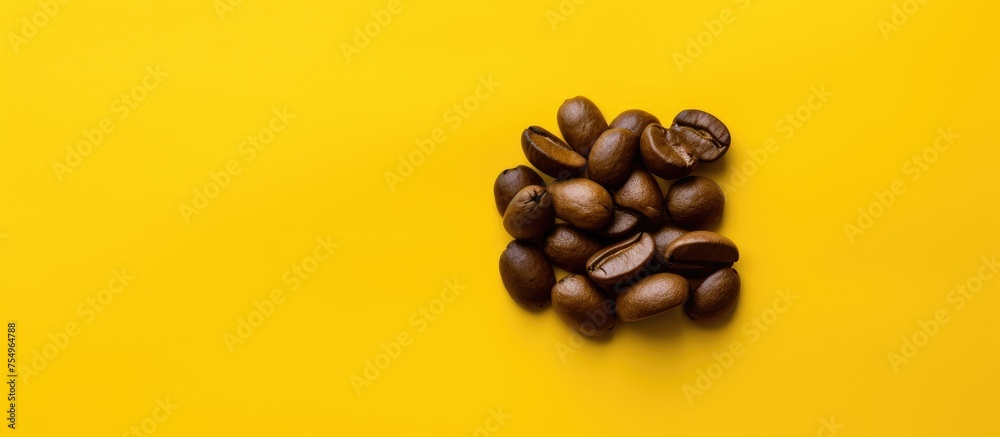 Poster A stack of coffee beans on a bright yellow backdrop, showcasing the natural beauty of this superfood ingredient used in cuisine and beverages