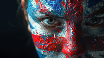 Front view portrait of a young woman with face painted in the colors of the UK flag. Concept of patriotism and nationalism.