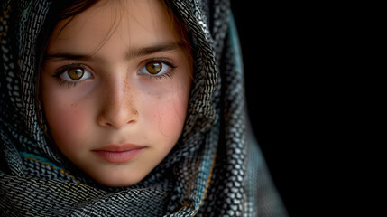 Portrait of sad look of arab girl with arab scarf on her head. There is enough free space on the photo for your use.