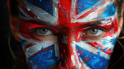Front view over the entire photo closeup portrait of a young woman with face painted in the colors of the UK flag. Horizontally. 