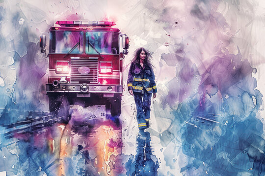 Firefighter woman walking near fire engine with purple splash watercolor