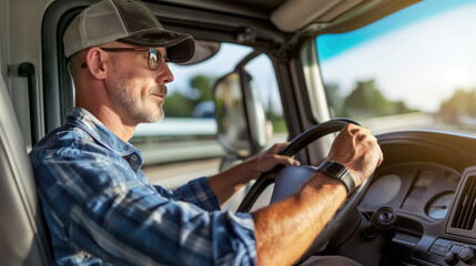 Mastering the Open Road, Professional Young Cargo Truck Driver Behind the Wheel, Generative AI - obrazy, fototapety, plakaty