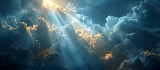 Gods Divine Light in Heavenly Sky with Fluffy Clouds - obrazy, fototapety, plakaty