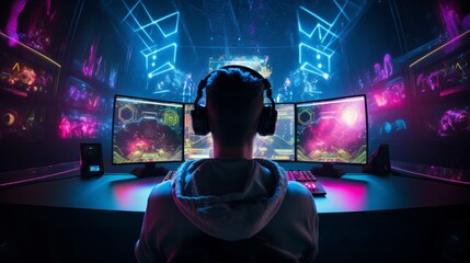 pro gamer man in headphones live streaming while playing online computer game, neon lights, esports,  gaming, monitor, play, young, player, internet, enjoyment, cyber,