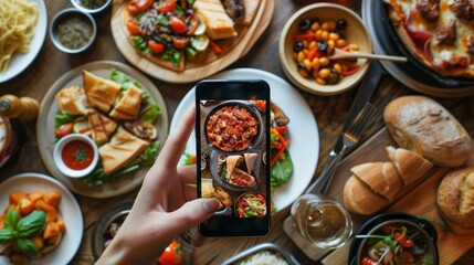 restaurant owner takes a picture of the food on the table with a smartphone to post on a website. Online food delivery, ordering service, influencer, review, social media, share, marketing, interest. - obrazy, fototapety, plakaty