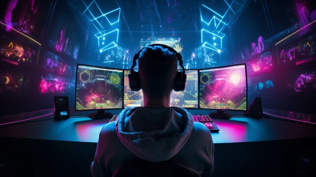pro gamer man in headphones live streaming while playing online computer game, neon lights, esports,  gaming, monitor, play, young, player, internet, enjoyment, cyber,