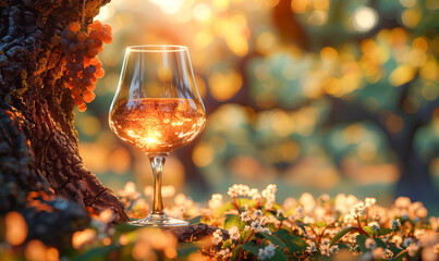 Glass of wine against the background of a vineyard with a ripe juicy harvest. Free space for text