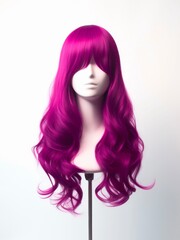 Purple hair wig on a woman mannequin on white background. Violet long wavy hair on dummy head, front view.
