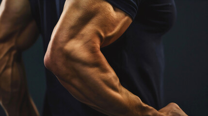 Fototapeta na wymiar Closeup of the arm of the young man, high muscle definition and vascularity on a fit male person or athlete's biceps and triceps muscles. Strong and powerful, bodybuilder