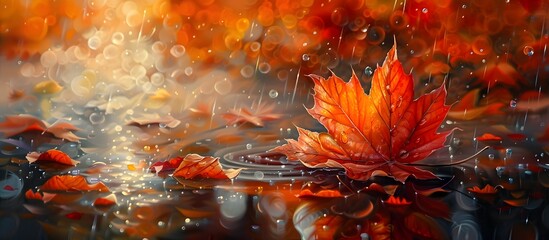 Autumn Leaves Floating on Water Amidst Gentle Rain in a Fantasy Painting