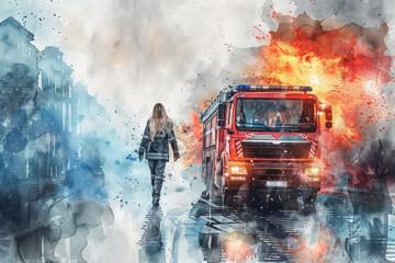 Firefighter woman walking near fire engine with blue splash watercolor