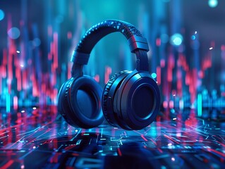 A top-of-the-line gaming headset floating amidst digital sound waves on a neon blue cybernetic background - obrazy, fototapety, plakaty