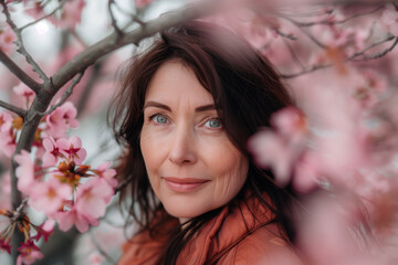 Portrait of a beautiful  woman posing in front of a blooming cherry tree
