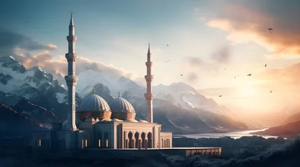 Photo sur Plexiglas Vieil immeuble Beautiful mosque and snowy mountains on the background, Ramadhan kareem