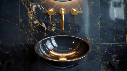 Glossy and shiny navvy blue bathroom sink and wall tile with golden details and reflection, gold faucets above. Luxurious bathroom interior design, contemporary architecture