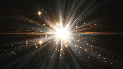 Naklejka premium light sparkle flare , bokeh, festive event party rays of silver gold white lights from a star on dark background