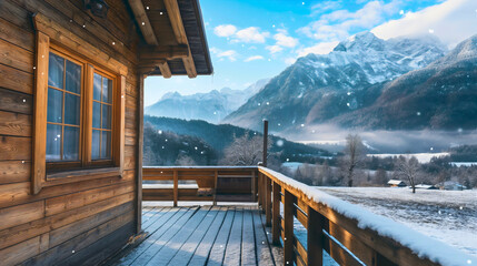 Snow falling over the wooden cabin or cottage house with terrace or patio outdoors in the mountains' wilderness. Winter holiday or vacation resort for weekend travelers, chalet home tourism - obrazy, fototapety, plakaty