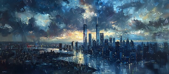 Oil Painting of New York City Skyline at Night Amidst a Storm with Lightning
