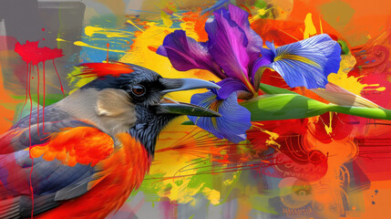 a painting of a bird with a flower in it's beak and a splash of paint on the background.