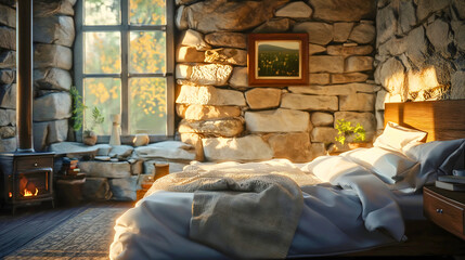 Morning sunshine coming through the window in the old ancient stone architecture bedroom with white sheets and pillow on the bed for resting and relaxation indoors, vintage tourism resort 