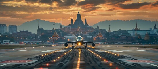 Don Mueang Airports Stealth Aircraft Journeys to the Temple of the Emerald Buddha in Textured Painting with Rich Colors and Mid-century Modern Style