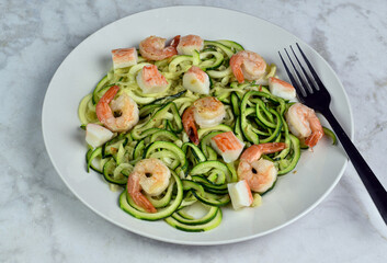 zucchini noodles with  shrimp and crab meat