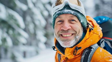 Closeup of the middle aged skier, man wearing jacket, winter cap and ski googles, skiing through the frozen forest path or trail in the mountains,surrounded by trees, looking at the camera and smiling - obrazy, fototapety, plakaty