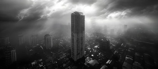 Foto op Canvas Aerial Cityscape Amidst Chocolate Storm - High-rise Buildings Surrounded by Abstract Art from Shadows © Sittichok